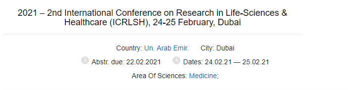 2nd International Conference on Research in Life-Sciences & Healthcare ICRLSH 2021