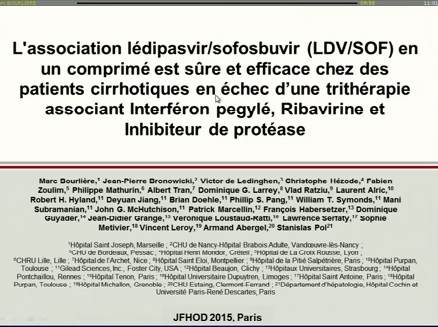 L’association ledipasvir/sofosbuvir (LDV/SOF) en un comprimé est sûre et efficace chez des patients cirrhotiques en échec d’une trithérapie associant interféron pegylé (PegIFN), ribavirine (RBV) et inhibiteur de protéase (IP)