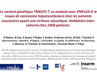 Le variant génétique TM6SF2-T co-module avec PNPLA3-G le risque de carcinome hépatocellulaire chez les patients caucasiens ayant une cirrhose alcoolique. Validation inter-cohorte chez 1068 patients